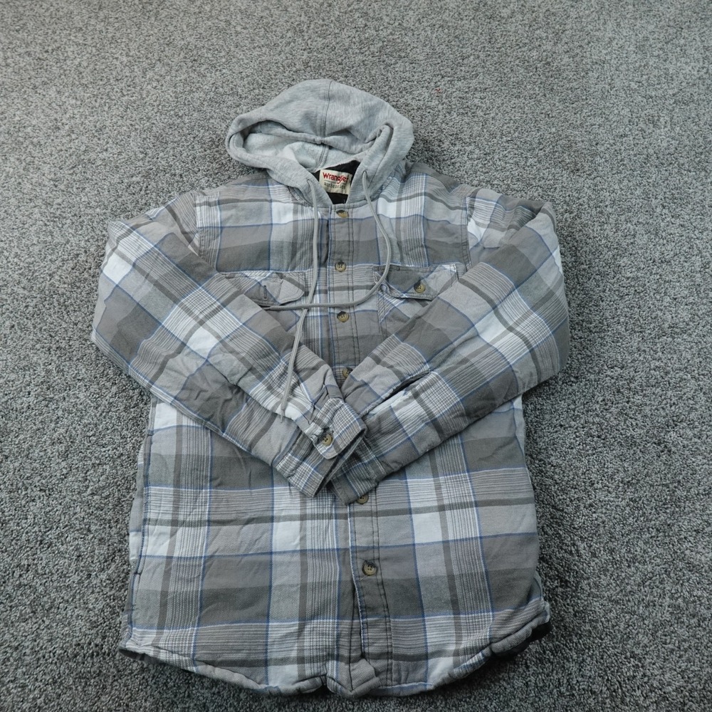 Wrangler Jacket Mens S Gray Plaid Flannel Shirt Shacket Outdoor Work Coat Hooded